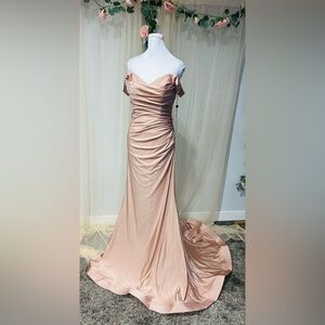 Jovani Blush Pink Off-Shoulder Maxi with ruched Dress Style 07639